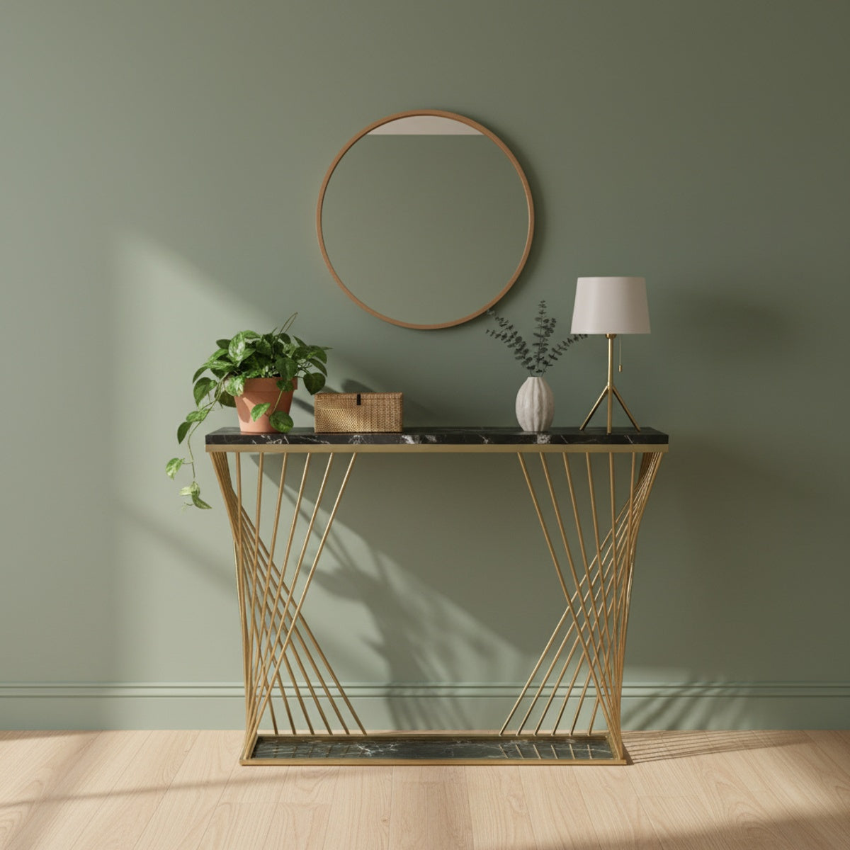 Geometric Gold Black Marble Console Table