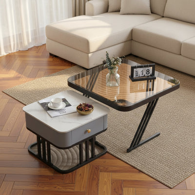 Glass & Marble Nesting Tables with Drawer | Set of 2