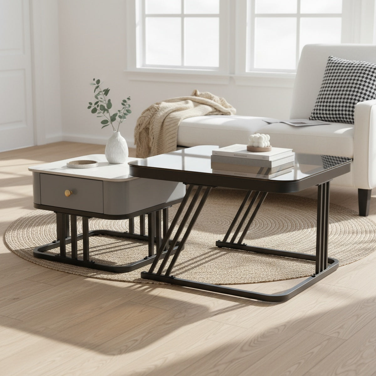 Glass & Marble Nesting Tables with Drawer | Set of 2