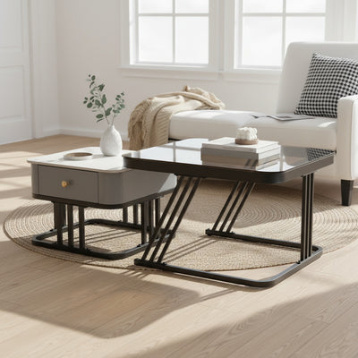 Glass & Marble Nesting Tables with Drawer | Set of 2