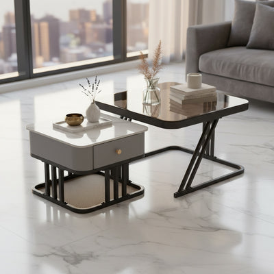 Glass & Marble Nesting Tables with Drawer | Set of 2