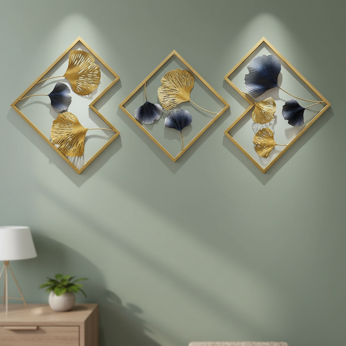 Gold Blue Ginkgo Metal Wall Art