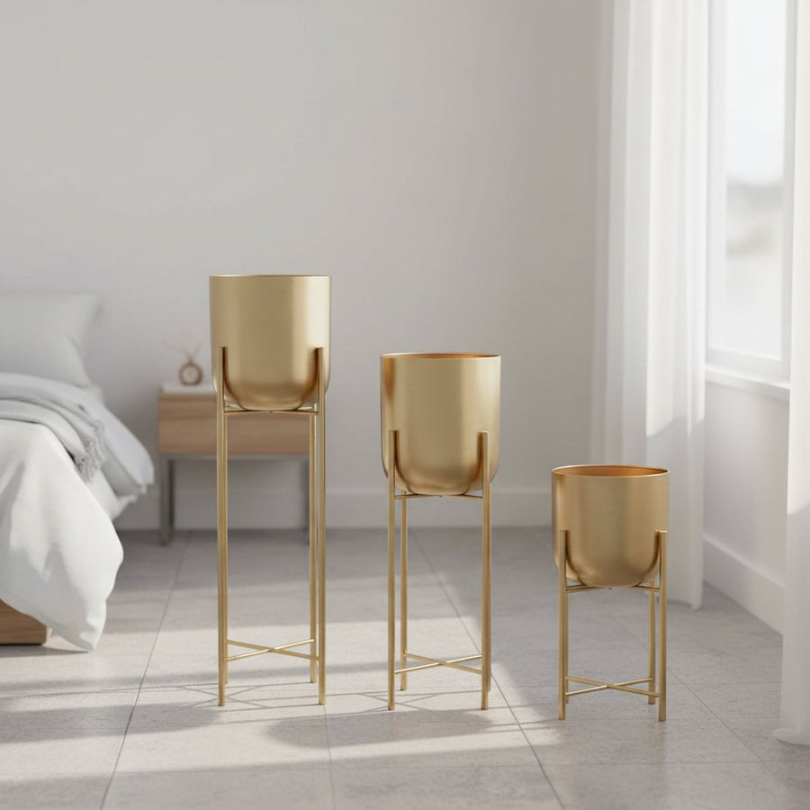 Gold Cylindrical Metal Planter Set of 3