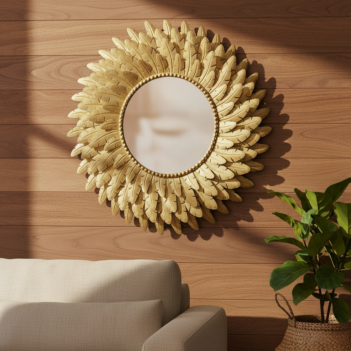 Gold Feather Metal Wall Mirror