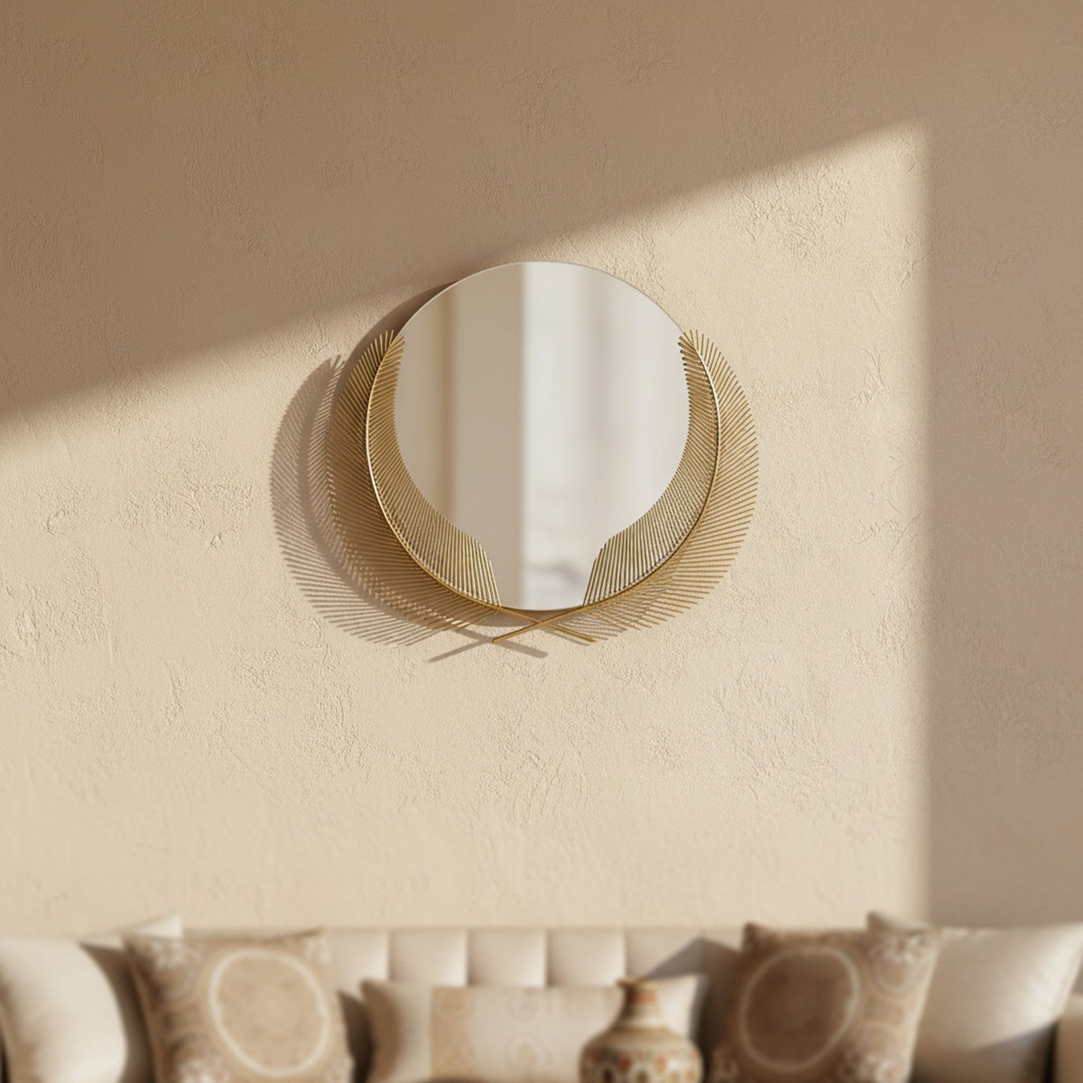 Gold Double Feather Metal Wall Mirror