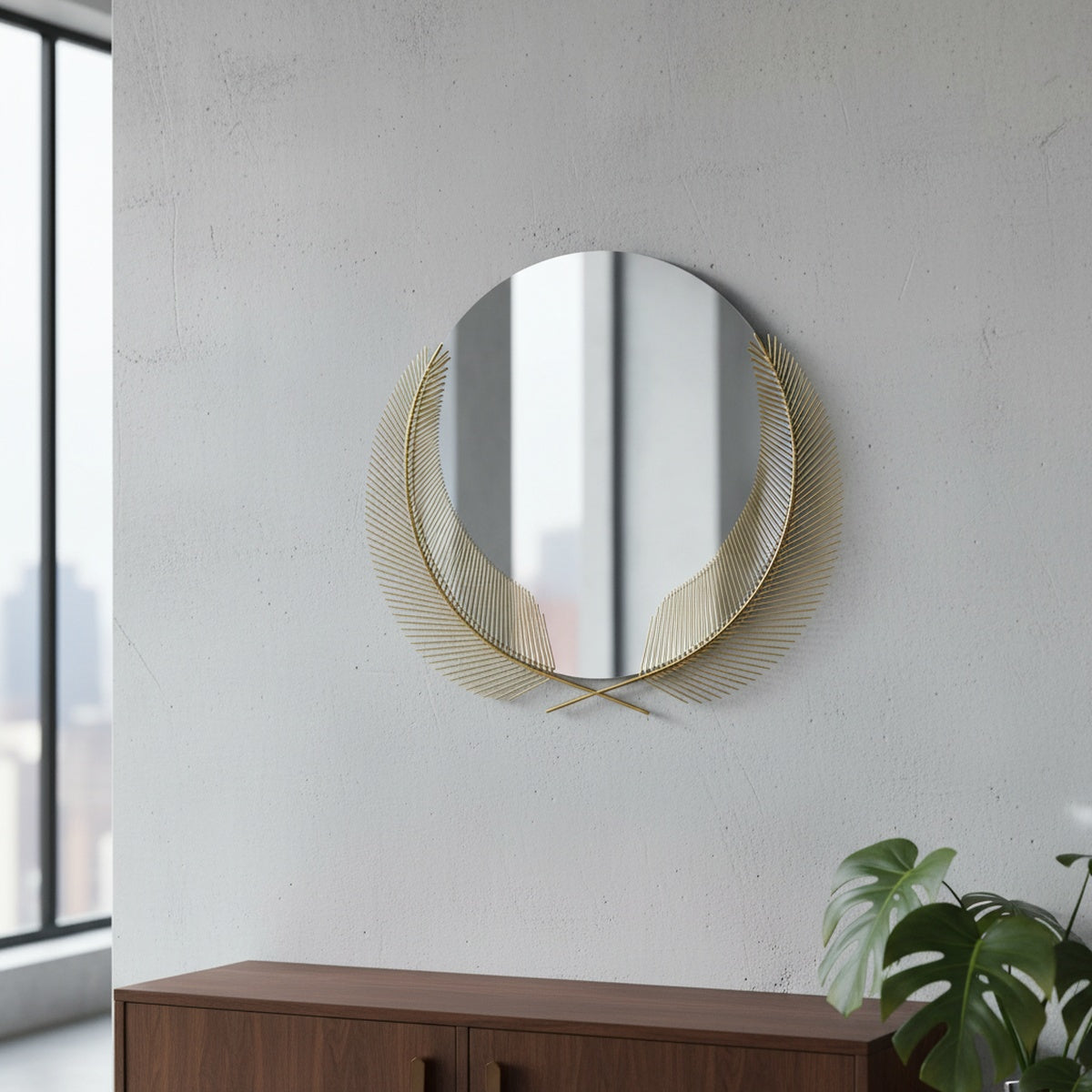 Gold Double Feather Metal Wall Mirror