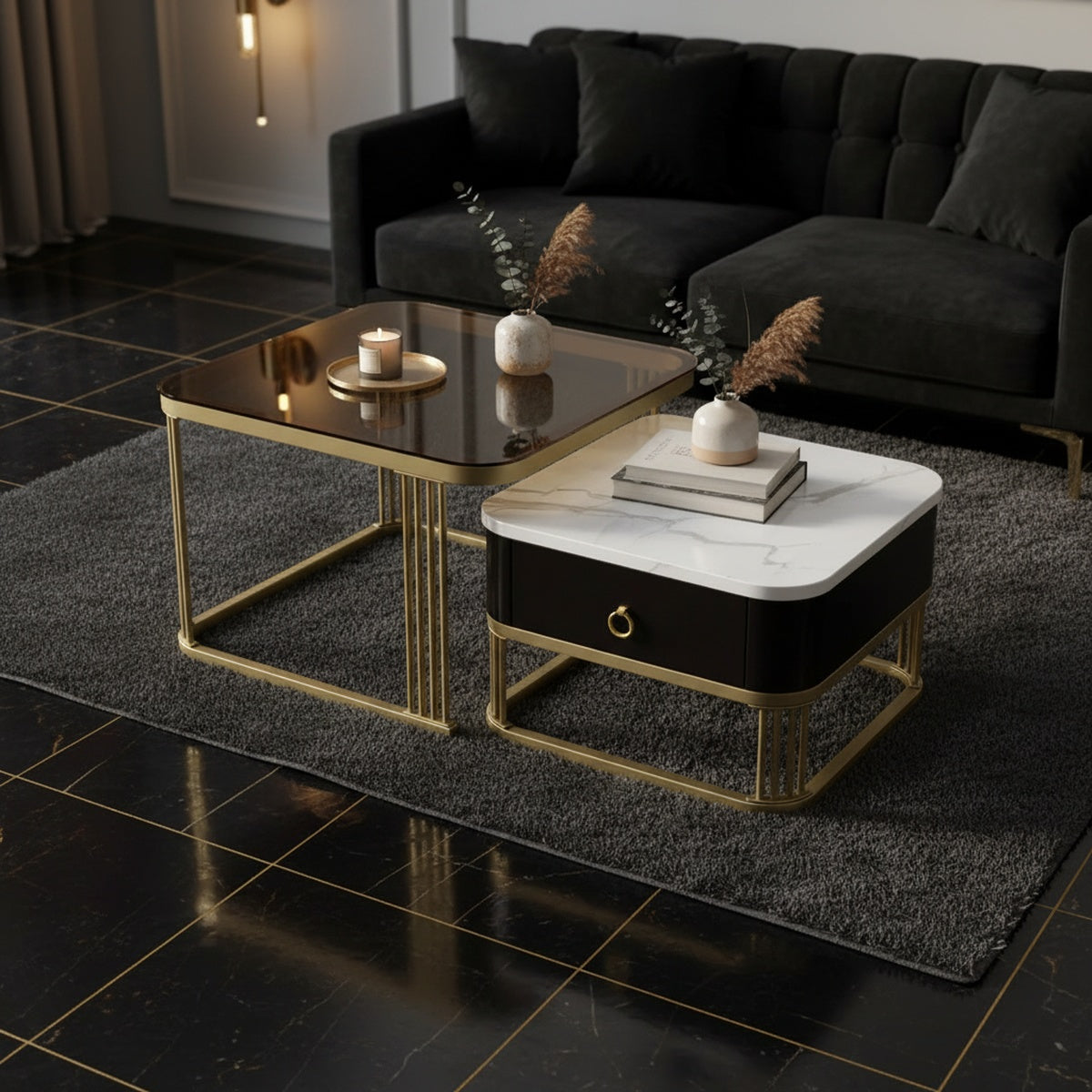 Gold Glass & Marble Nesting Tables with Drawer | Set of 2