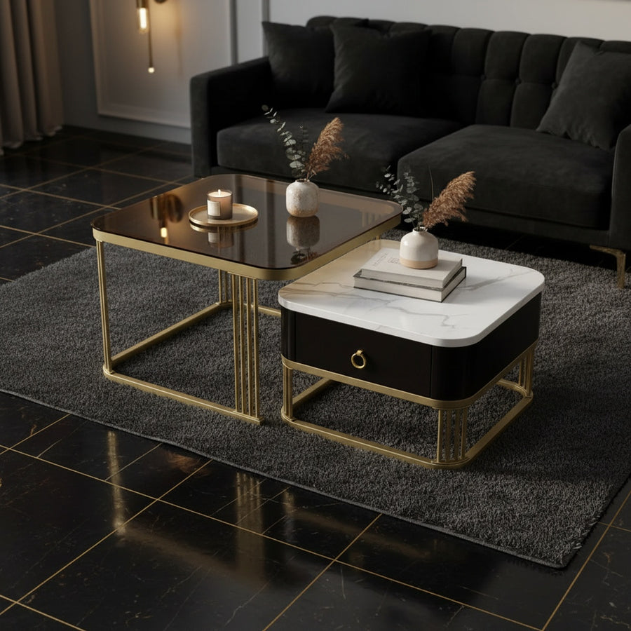 Gold Glass & Marble Nesting Tables with Drawer | Set of 2