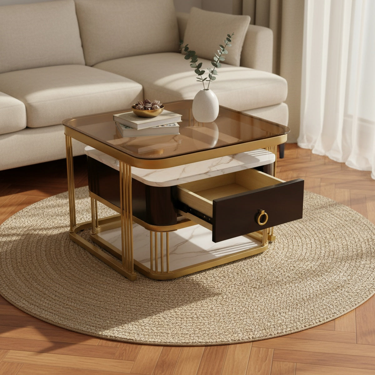 Gold Glass & Marble Nesting Tables with Drawer | Set of 2