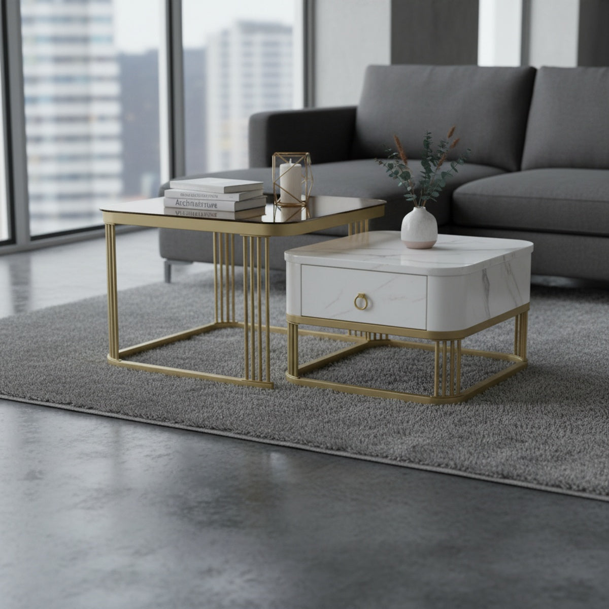 Brown Glass & Marble Gold Nesting Tables | Set of 2