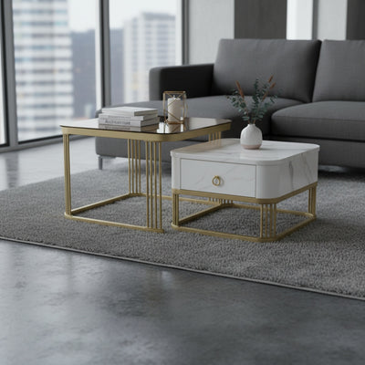 Brown Glass & Marble Gold Nesting Tables | Set of 2