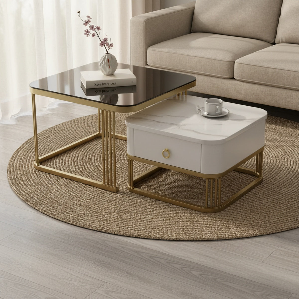 Brown Glass & Marble Gold Nesting Tables | Set of 2