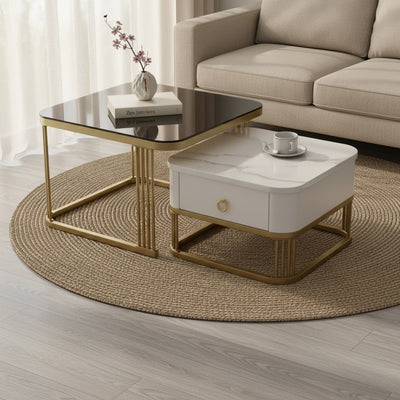 Brown Glass & Marble Gold Nesting Tables | Set of 2