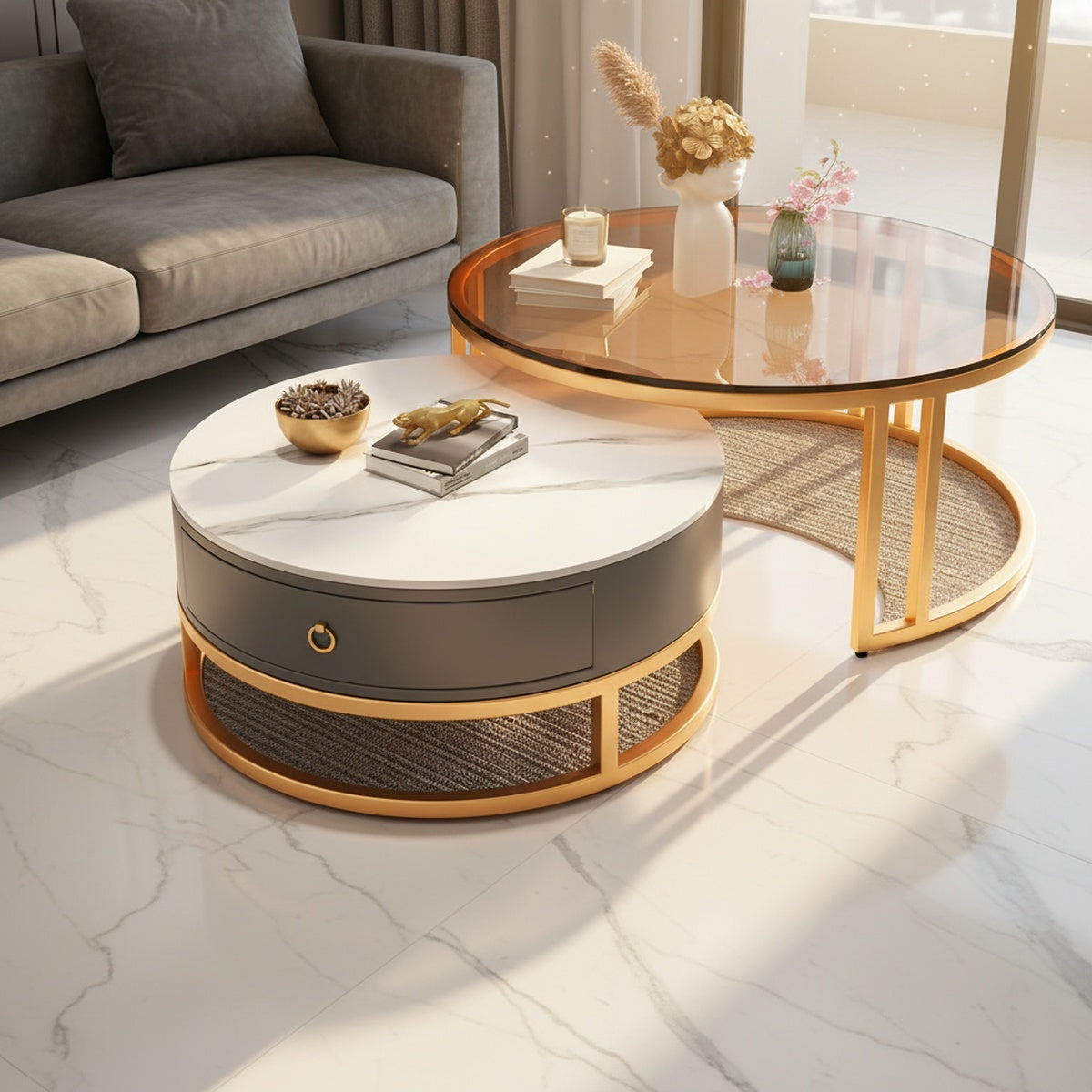 Gold Marble Glass Nesting Table Set of 2