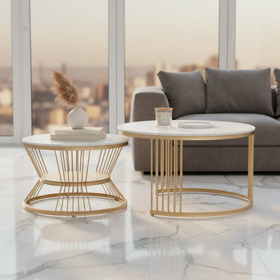 Gold Round Marble Nesting Tables with Shelf | Set of 2