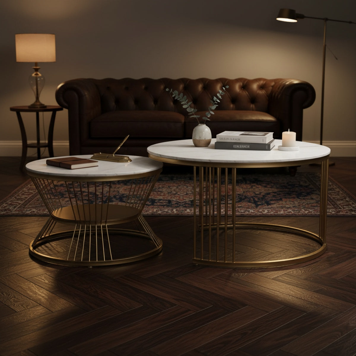 Gold Round Marble Nesting Tables with Shelf | Set of 2