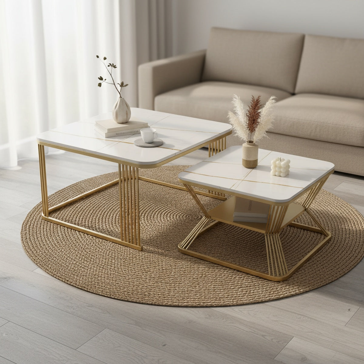 Gold Round Marble Nesting Tables | Set of 2