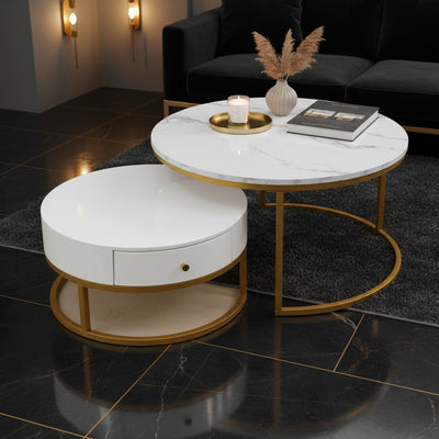 Gold Round Marble Nesting Tables with Drawer | Set of 2