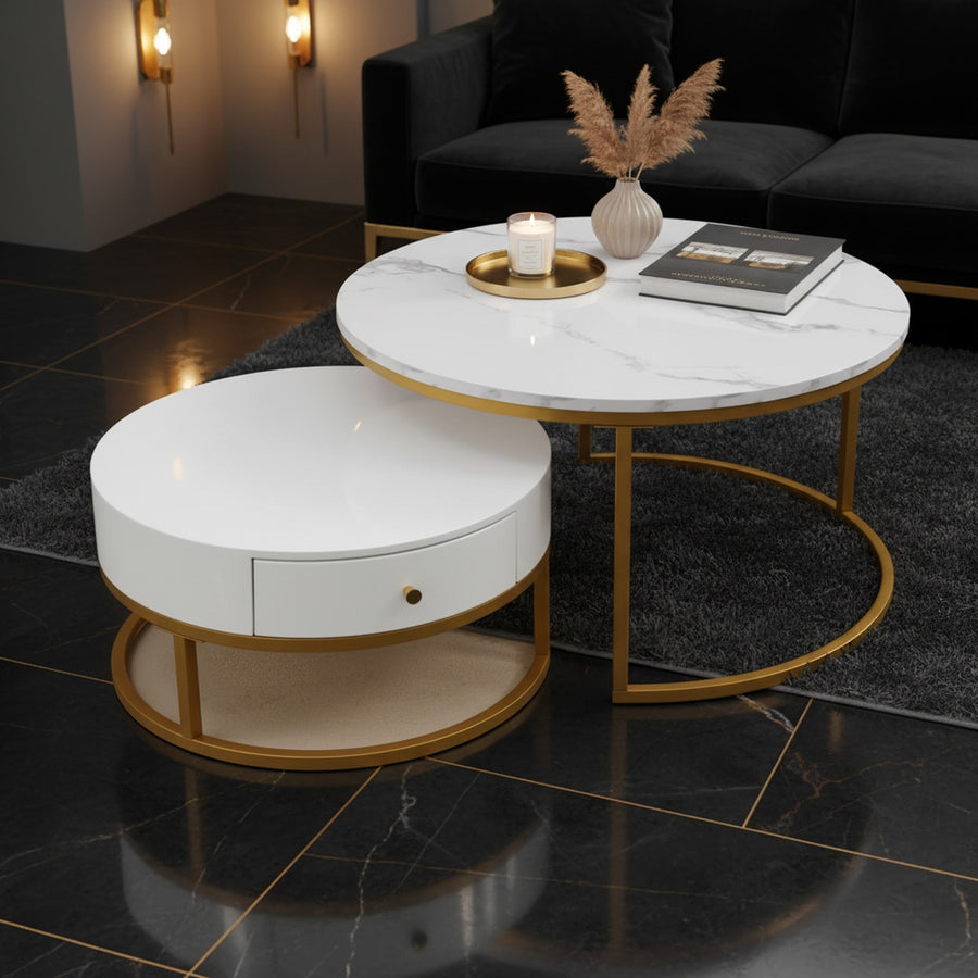 Gold Round Marble Nesting Tables with Drawer | Set of 2