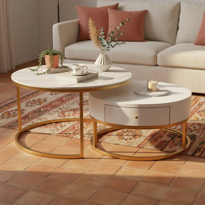 Gold Round Marble Nesting Tables with Drawer | Set of 2