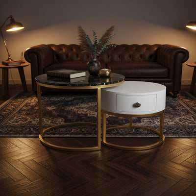 Gold Marble & Wood Nesting Tables | Set of 2