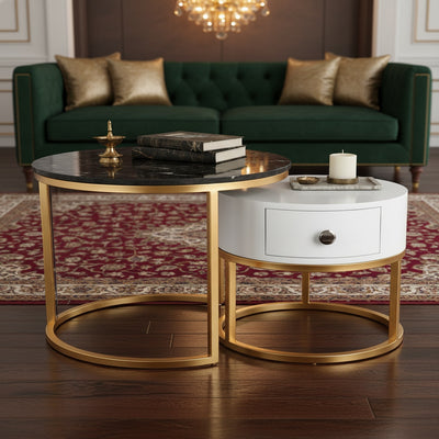 Gold Marble & Wood Nesting Tables | Set of 2
