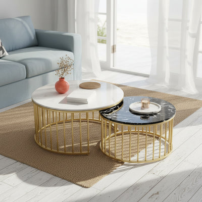 Gold Round Marble Nesting Tables with Shelf | Set of 2