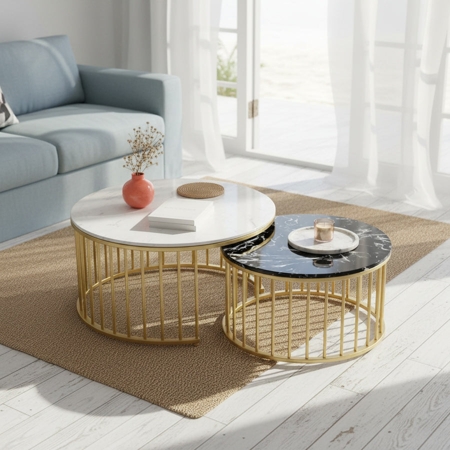 Gold Round Marble Nesting Tables with Shelf | Set of 2
