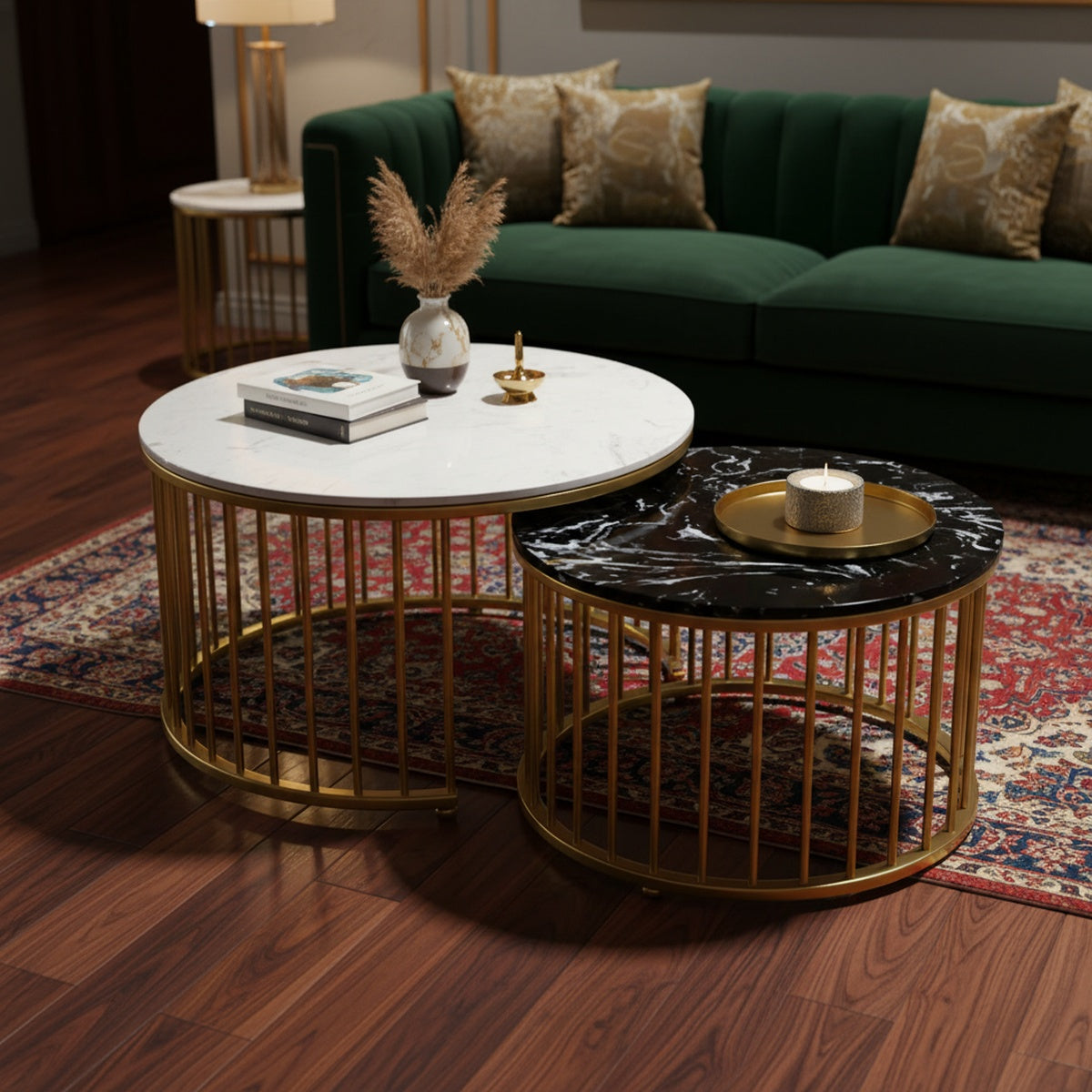 Gold Round Marble Nesting Tables with Shelf | Set of 2