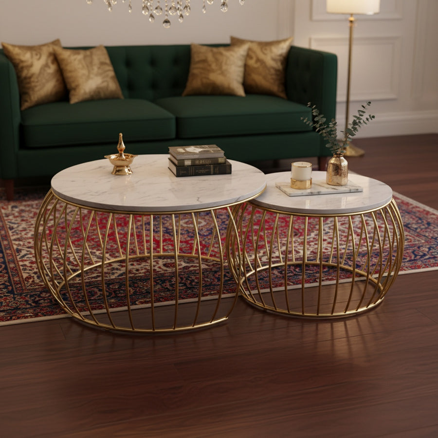 Gold Compact Round Marble Nesting Tables | Set of 2