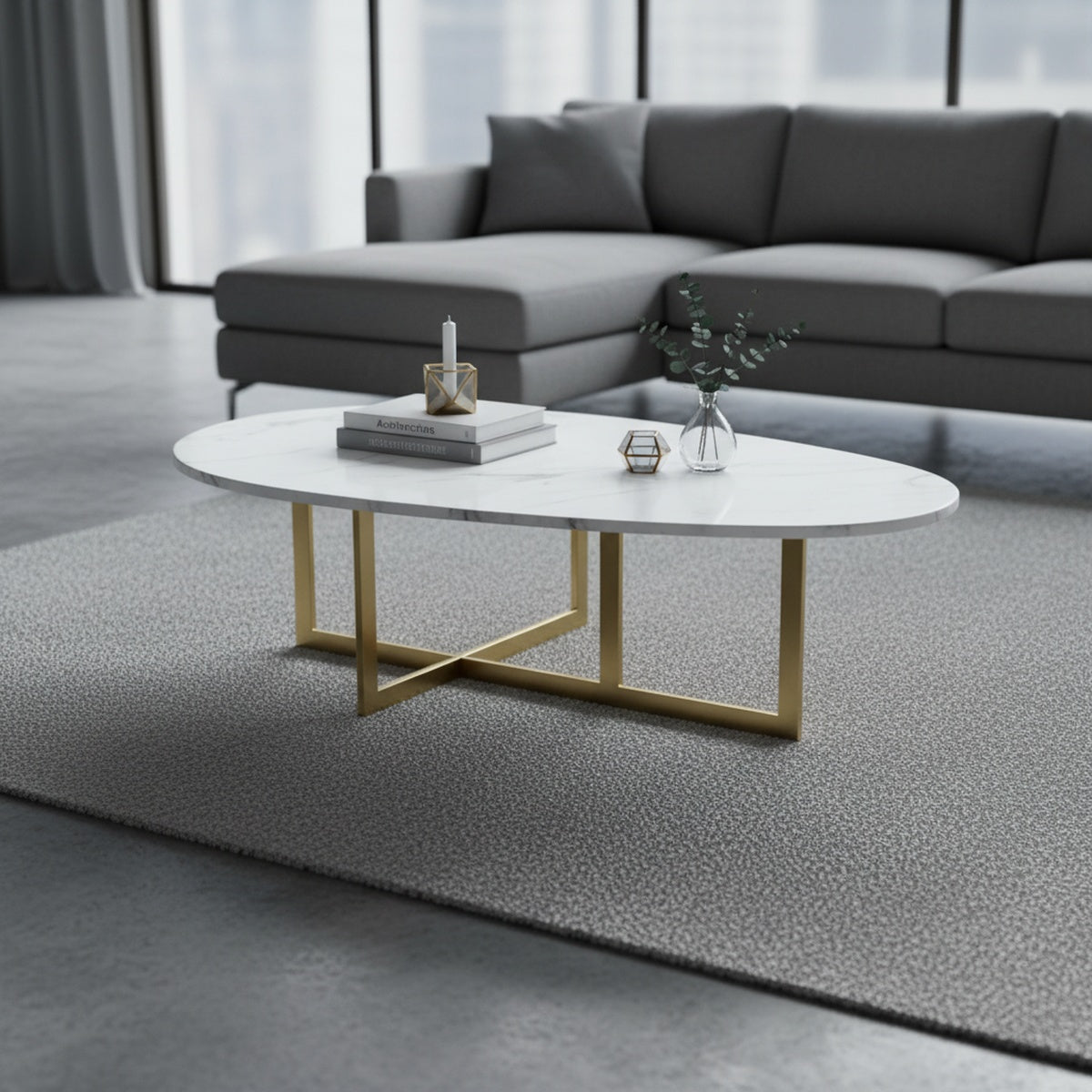 Gold Oval Marble Coffee Table