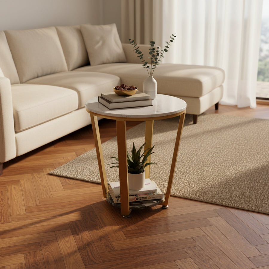 Gold Round Marble Side Table | Compact