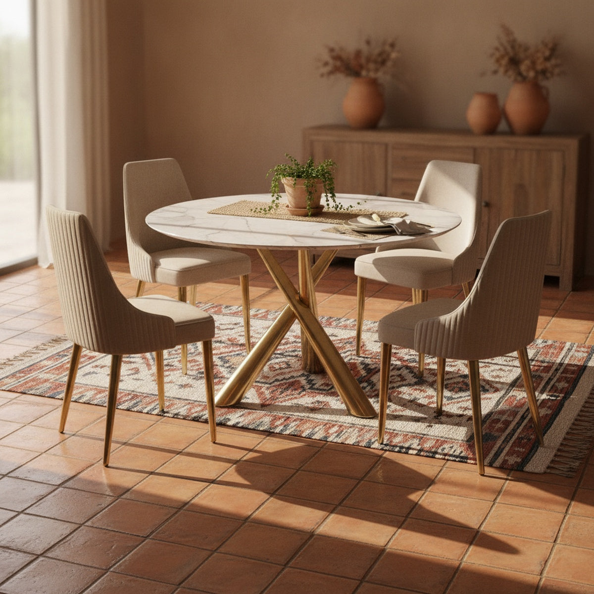 Luxury Gold Stainless Steel Dining Table Set with 4 Chairs
