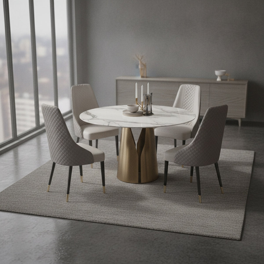 Luxe Round Dining Table Set with Steel Base – 4 Seater