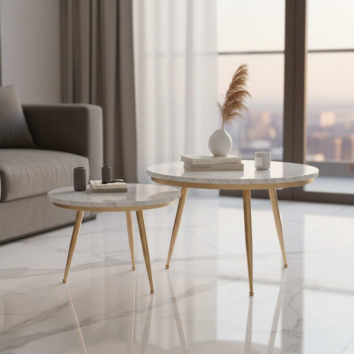 Gold Classic Round Marble Nesting Tables | Set of 2
