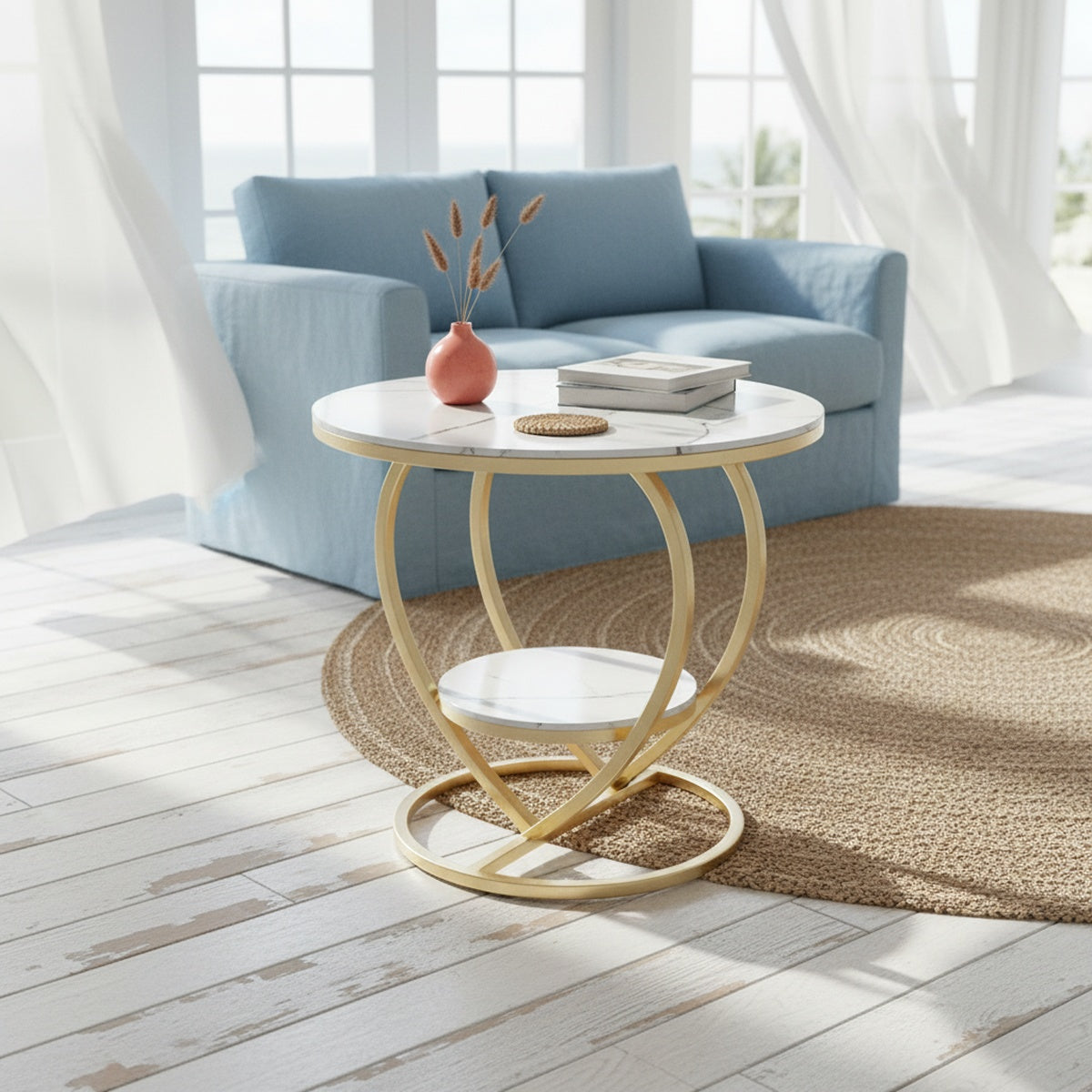 Luxury Gold and White Marble Round Side Table