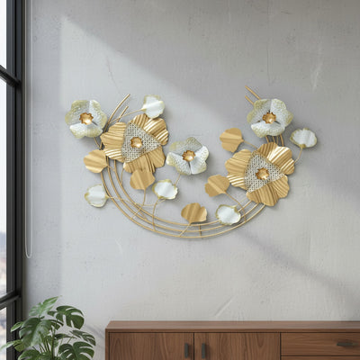 Gold White Floral Metal Wall Art