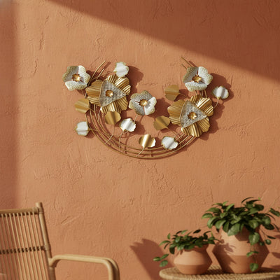 Gold White Floral Metal Wall Art