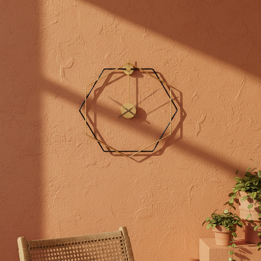 Golden Black Hexagon Metal Wall Clock