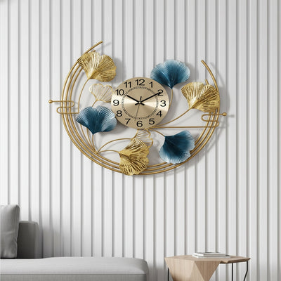 Golden Blue Ginkgo Metal Wall Clock