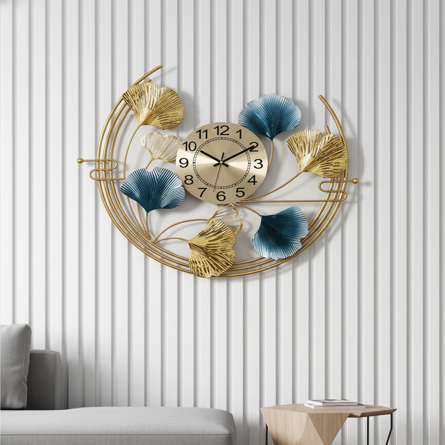 Golden Blue Ginkgo Metal Wall Clock