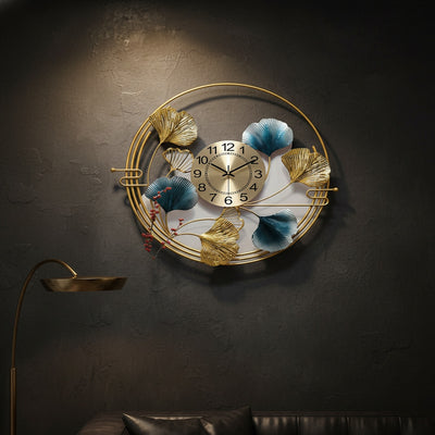 Golden Blue Ginkgo Metal Wall Clock