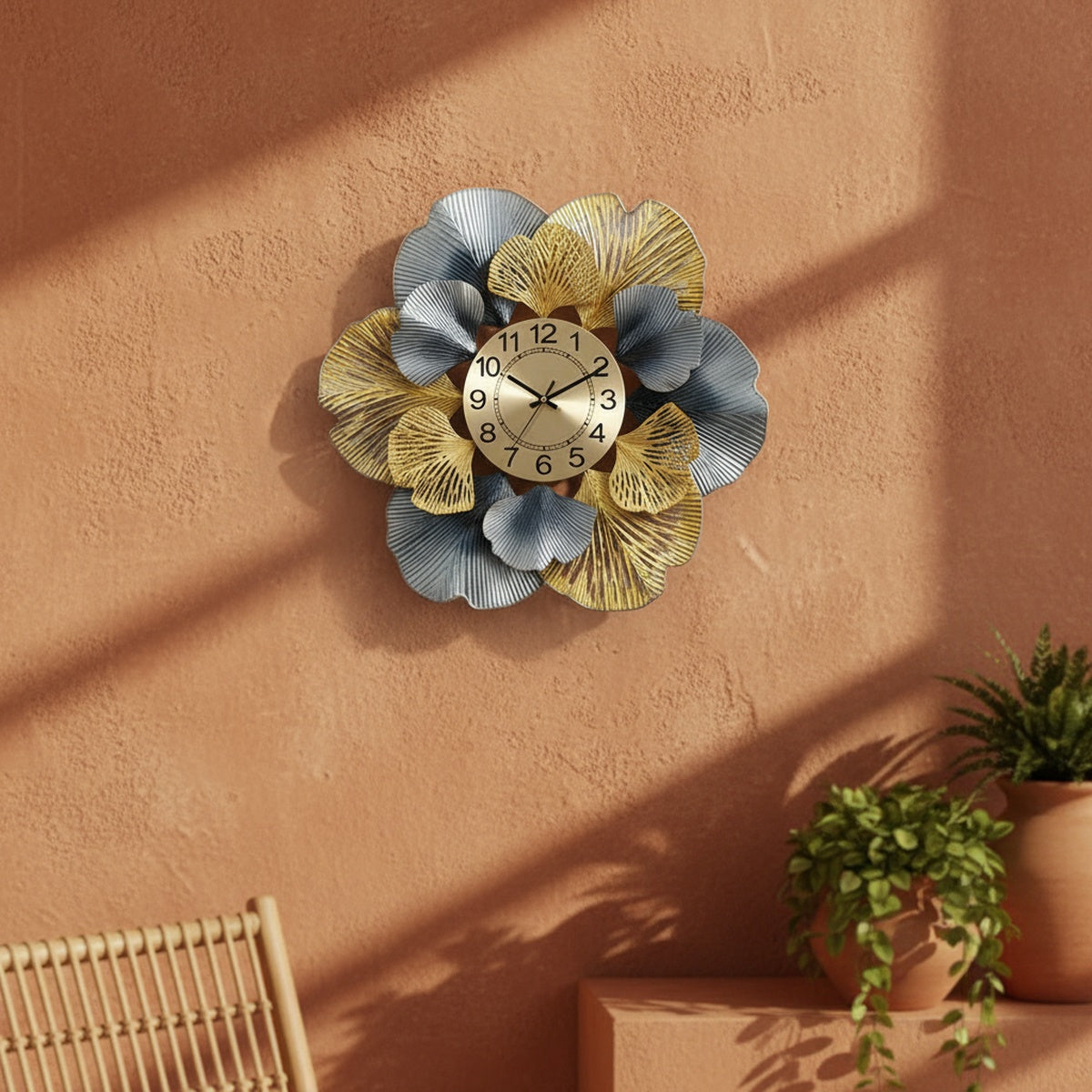 Golden Blue Leaf Wall Clock