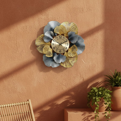 Golden Blue Leaf Wall Clock