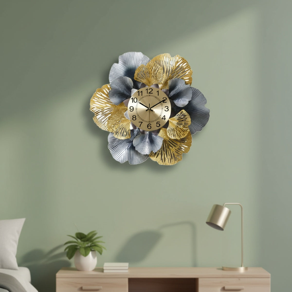 Golden Blue Leaf Wall Clock