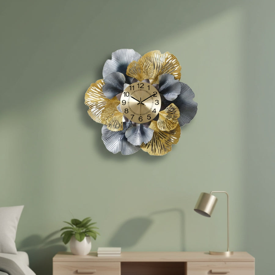 Golden Blue Leaf Wall Clock
