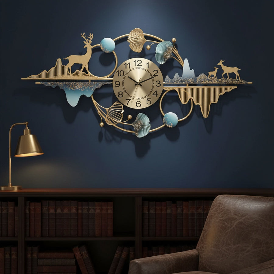 Golden Deer Mountain Wall Clock