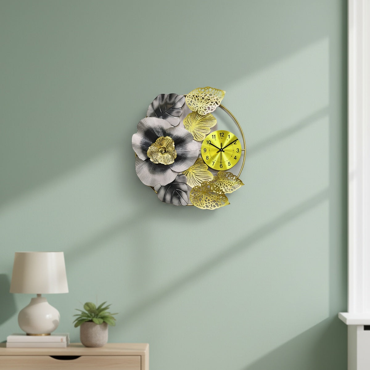 Golden Flower Metal Wall Clock Large
