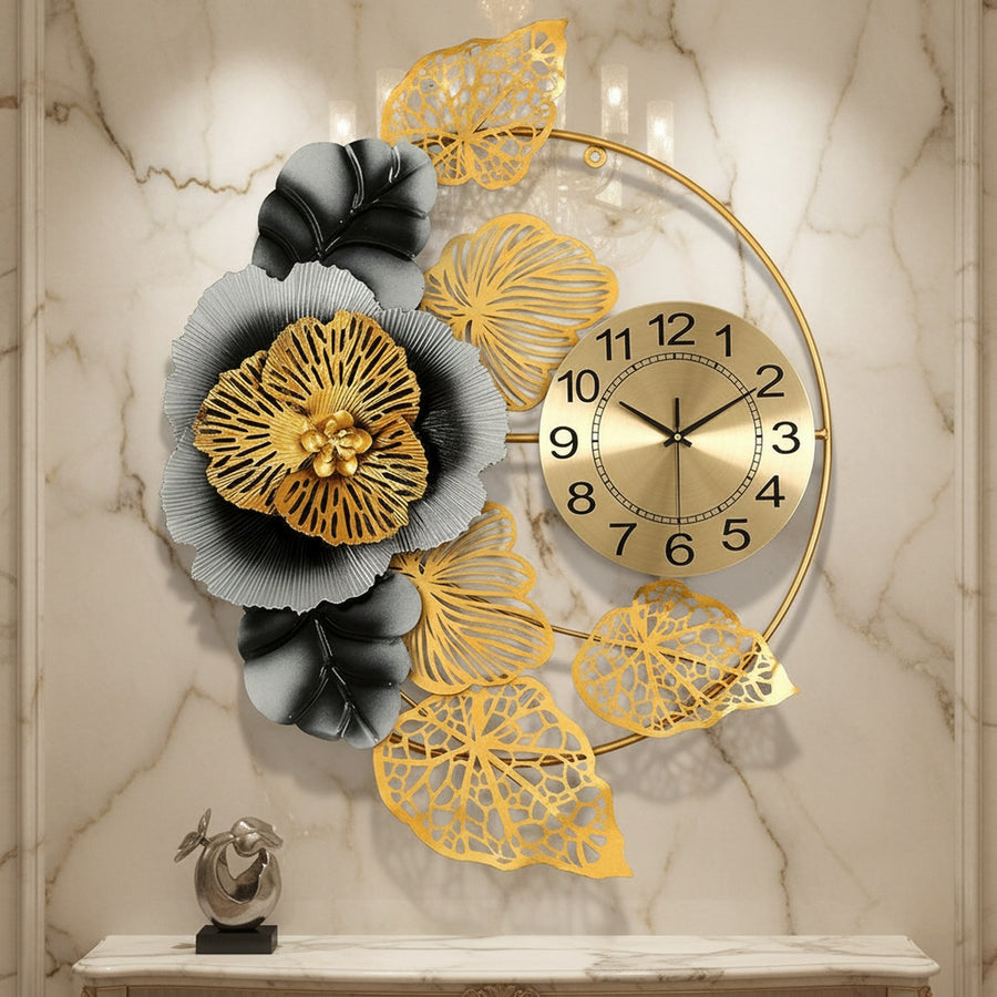 Golden Flower Metal Wall Clock