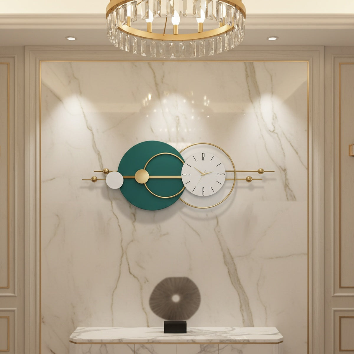 Golden Green Circles Metal Wall Clock